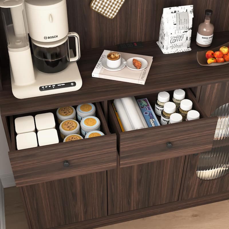 71" Tall Kitchen Pantry Cabinet with Reeded Glass Doors, Microwave Stand and Storage Shelves, Freestanding Bakers Rack Sideboard