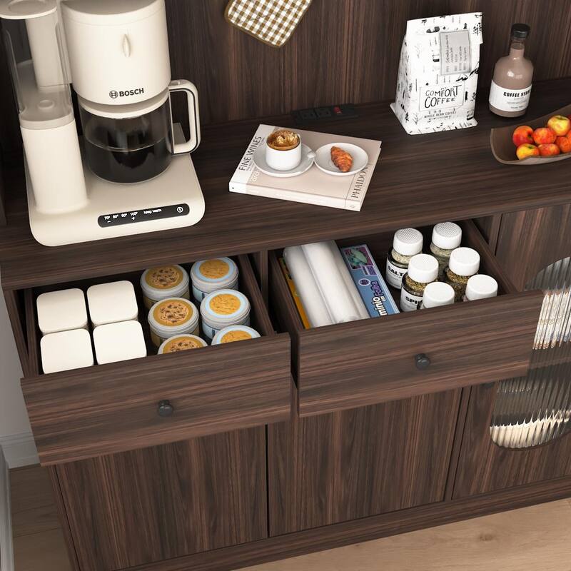 Anmytek Large Capacity 71 Inch Tall Kitchen Pantry Cabinet Reeded Glass Doors Microwave Stand Bakers Storage Rack