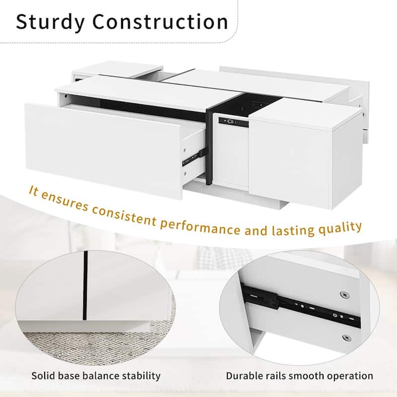 47.2''-72.7'' Modern Multi-functional Extendable Coffee Table with High-gloss Finish and 2 Hidden Storage Space