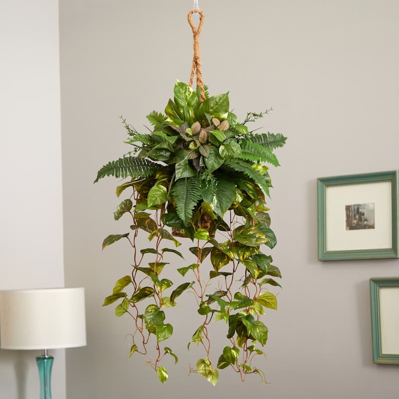 Artificial Hanging Basket Fern Pothos Mix Lush Greenery Decor Indoor Outdoor Plants