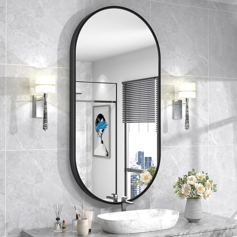 5-Year Warranty Aluminum Alloy Framed French Cleat Mounted Oval Wall Decor Bathroom Vanity Mirror - 48" x 24" - Black