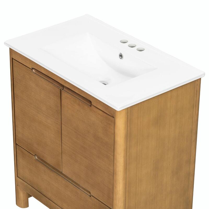 30 Inch Modern Bathroom Vanity with Ceramic Sink, Natural Wood Grain Cabinet, Solid Wood Frame