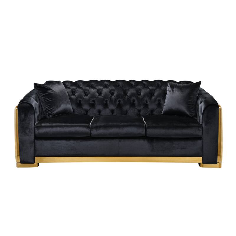 High-End European Design Velvet Chesterfield Sofa with Gold Stainless Steel Legs - 3-Seat Couch - Black
