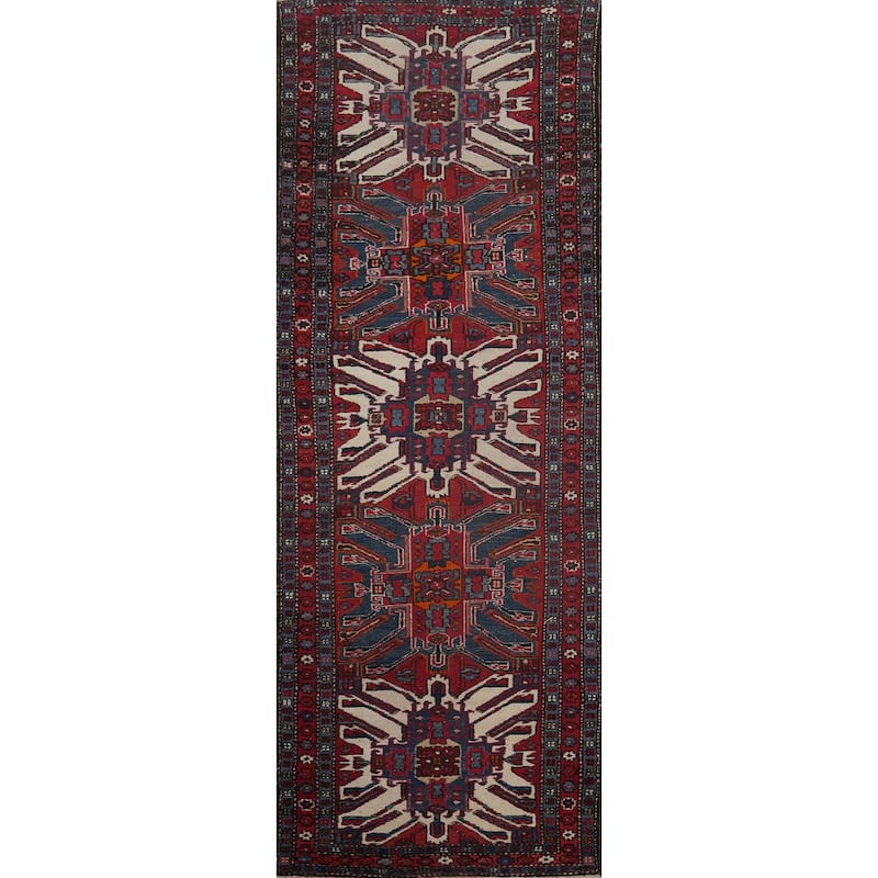Hand Knotted Oriental 100% Wool Carpet Traditional Geometric Red Heriz Runner Rug - 10' 8'' X 3' 3''