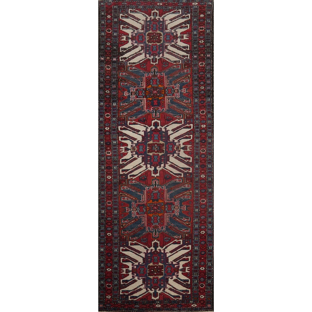 Hand Knotted Oriental 100% Wool Carpet Traditional Geometric Red Heriz Runner Rug - 10' 8'' X 3' 3''