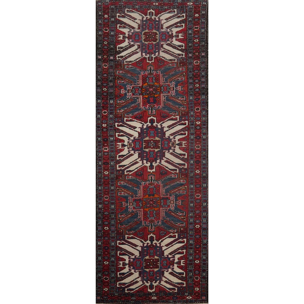 Hand Knotted Oriental 100% Wool Carpet Traditional Geometric Red Heriz Runner Rug - 10' 8'' X 3' 3''