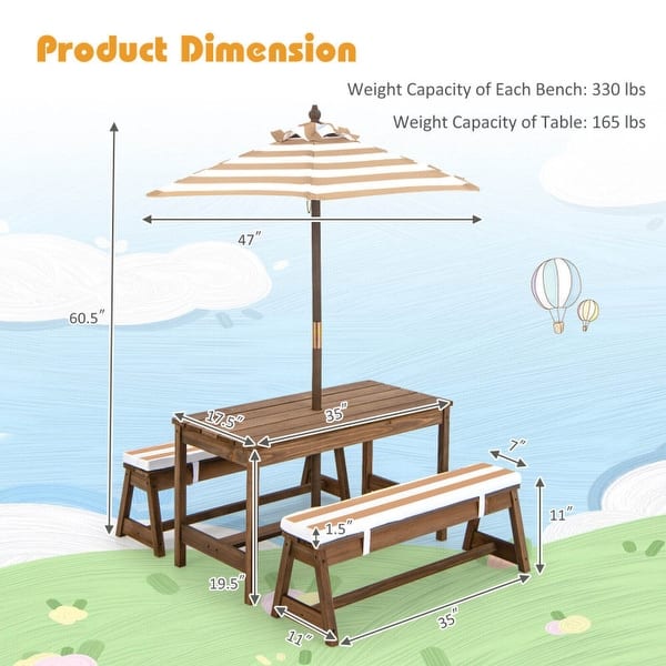 dimension image slide 0 of 2, Kids Picnic Table and Bench Set with Cushions and Height Adjustable Umbrella - 35" x 17.5" x 20"