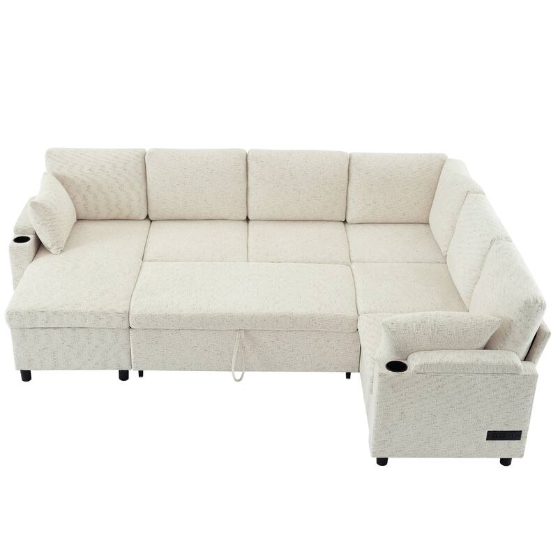 U-Shaped Chenille Sectional Sofa with Storage Chaise Lounge, Convertible Sleeper Sofa Bed with Cup Holders & Charging Ports