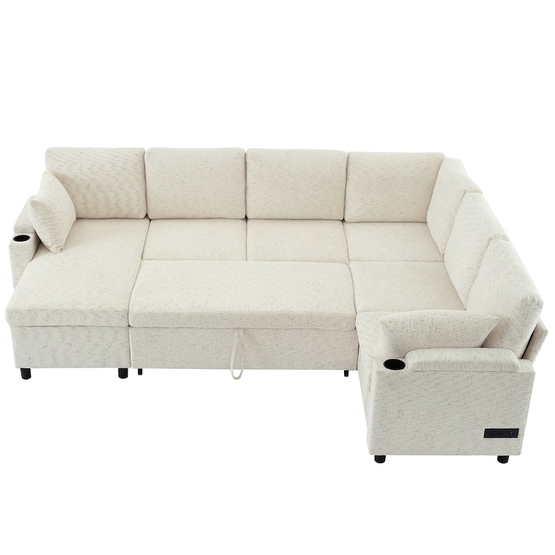 U-shaped Sofa, Chenille Sectional Sofa with 2 Cup Holders and Charging Ports Livingroom Sleeper Recliner Sofa Couch
