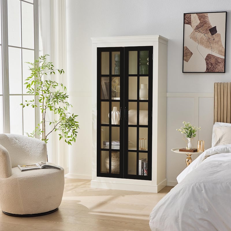 71.2"Tall Display Cabinet with Glass Doors, Rustic Style China Cabinet, Curio Cabinet for Collectibles Figures Trophies