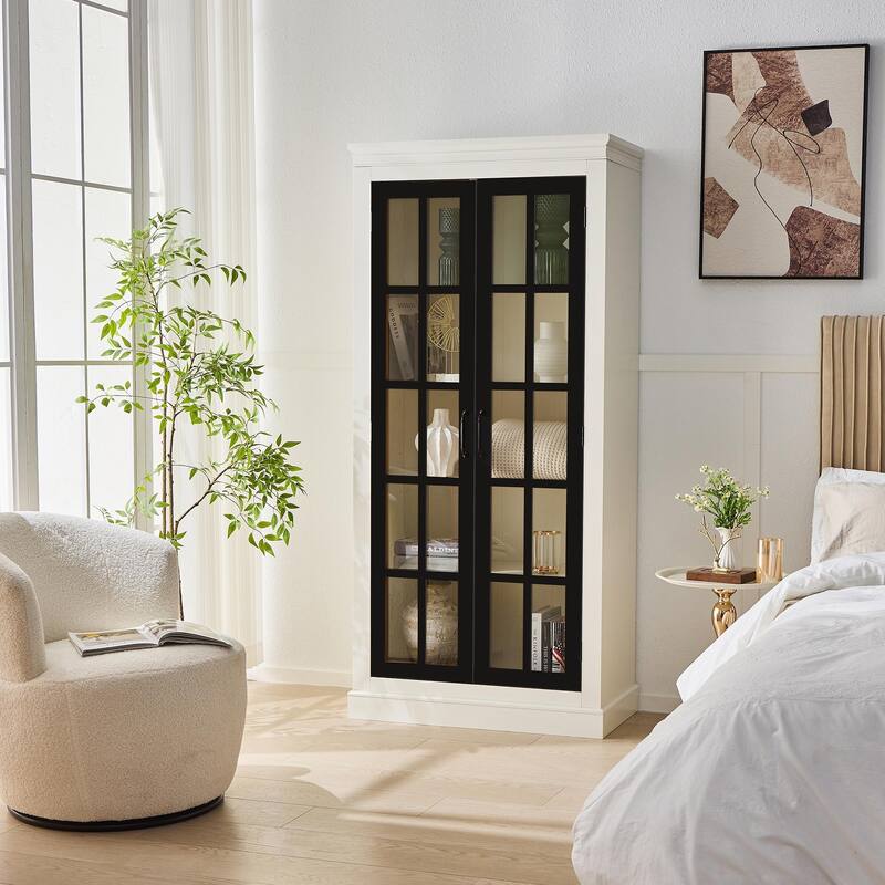 71.2'' Freestanding Pantry Cabinet with Glass Door, Farmhouse Display Cabinets with Storage, Curio Cabinet with Lattice Window