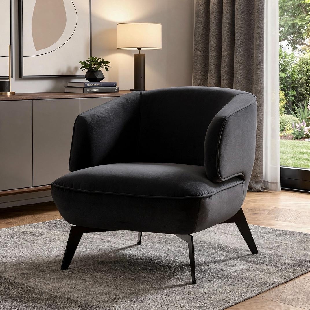 HomeRoots 28" Black Velvet and Steel Lounge Chair - 28.00 in. x 29.00 in. x 35.00 in.