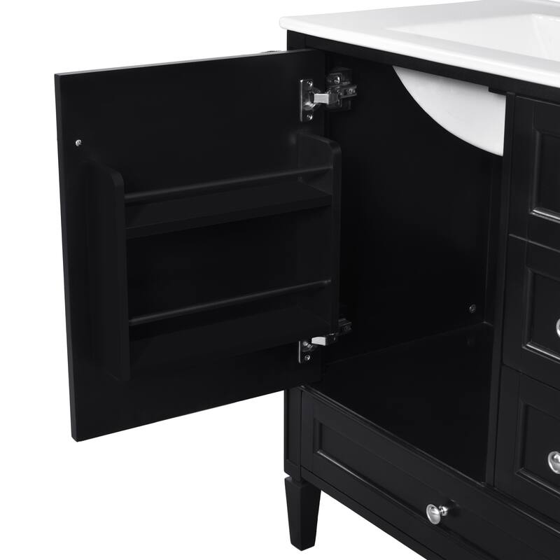 Bathroom Vanity with Ceramic Sink, Modern Bathroom Storage Cabinet with Side Door Organizer and 3 Different Sizes Drawers