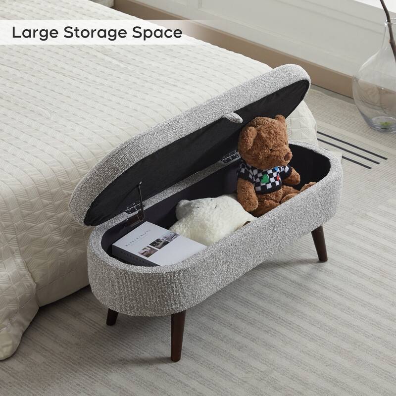 44" Beige Boucle Storage Ottoman Bench for Living Room Bedroom,Oval Storage Bench Ottoman Foot Rest Wood Legs