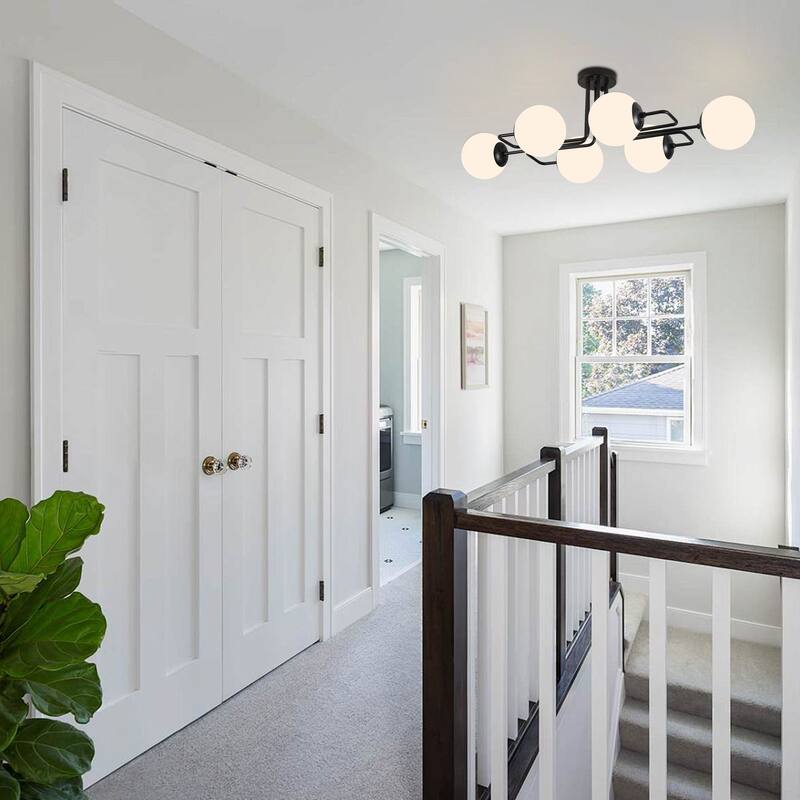 Mid - Century Modern 4 - Light Chandelier, Brass Frame with Glass Globes
