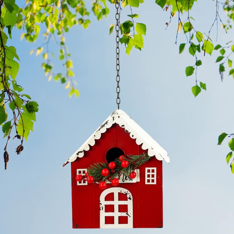 Alpine Corporation YHL263HH 9in. Tall Hanging Barn Birdhouse with Mistletoe - Decorative Outdoor Garden Ornament, Red