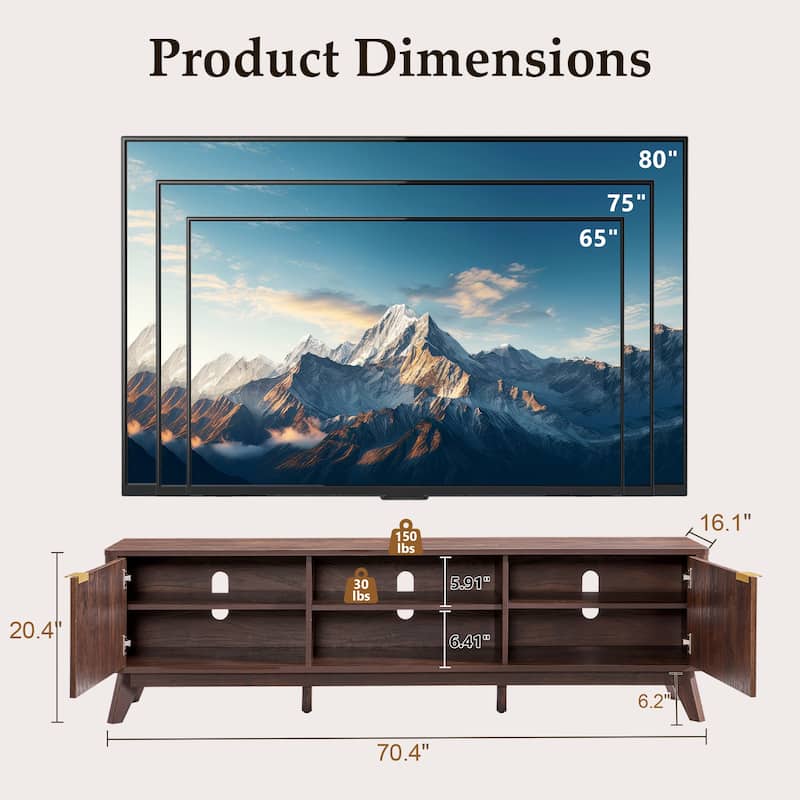 70" Modern Fluted TV Stand for Living Room, Wood Entertainment Center