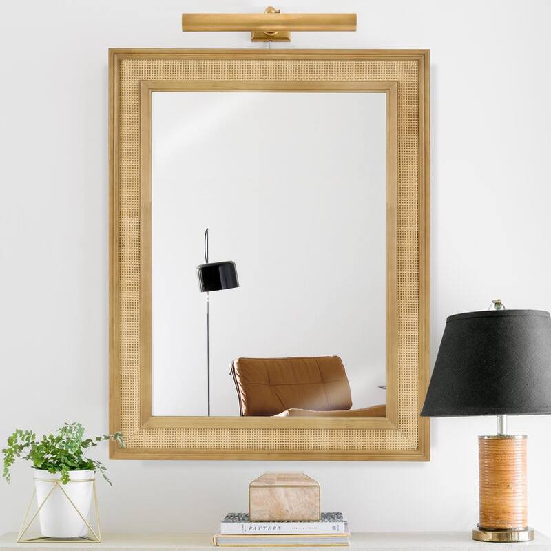 WallBeyond Wooden Framed Rattan Farmhouse Style Rectangle Wall Mirror