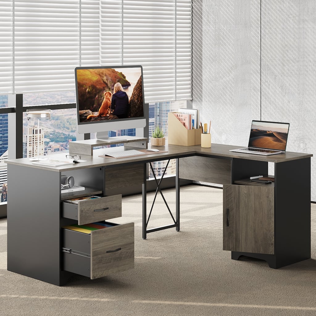 63'' L Shaped Home Office Desk with File&Storage Drawers and Cabinet, Computer Desk with Monitor Stand and Open Compartments