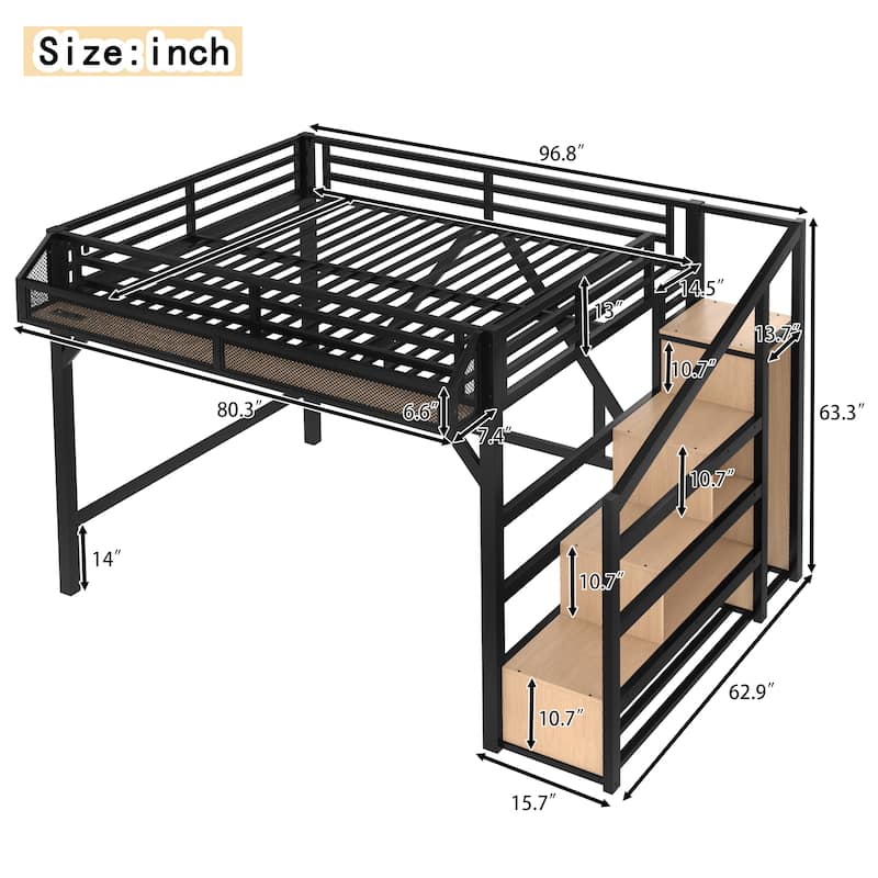 Queen Loft Bed with Storage Stairs, Shelves and Built-in Wardrobe, Metal Loft Bed Frame with USB Ports and LED Lights