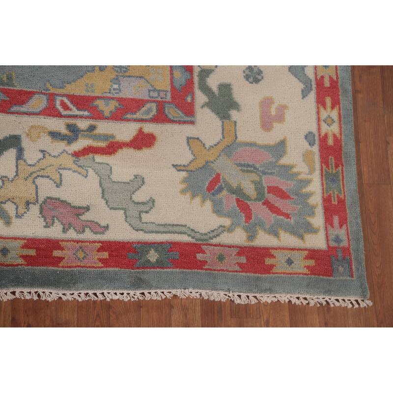 Light Blue Oushak Area Rug Hand-Knotted Transitional Wool Carpet - 9'1" x 11'9"