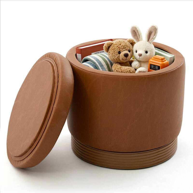 Round Swivel Storage Ottoman Footstool with Flip-top and Acacia Frame - Brown