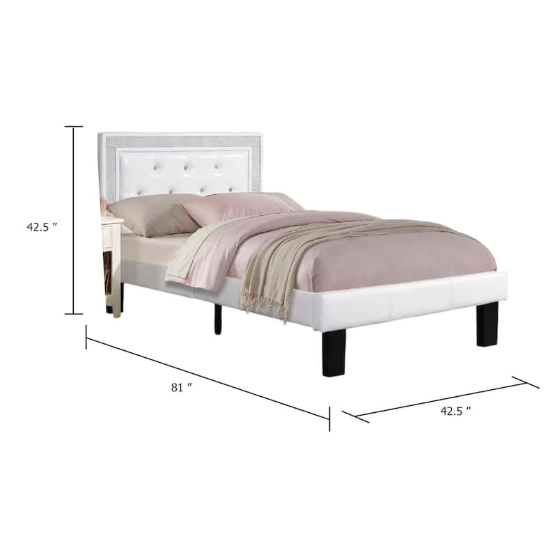 Mannie Twin Bed with Silver Trim, White Button Tufted Faux-Leather