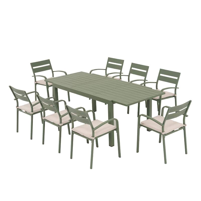 Outdoor 9-piece Aluminum Dining Set Stackable Chairs and Extendable Table