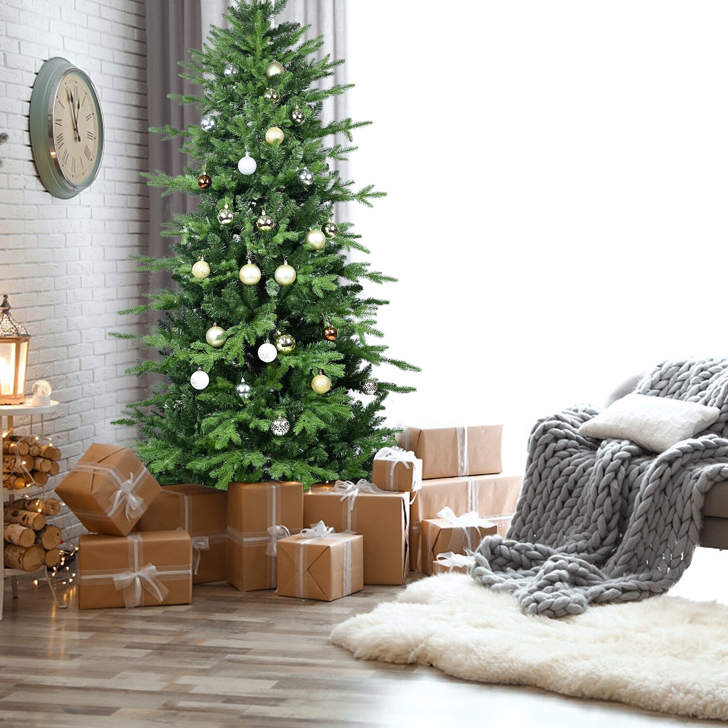 Green Artificial Christmas Tree - PVC+PE Mixed Needles, Hinged Branches, Metal Stand, Easy Assembly