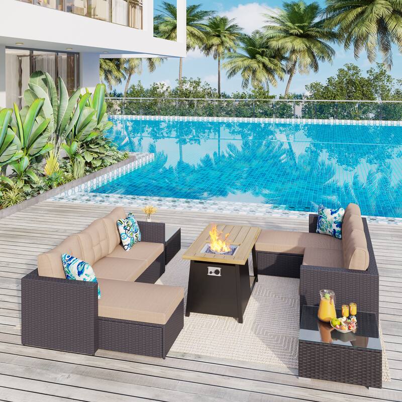 9-Pieces Rattan Sectional Sofa Set with Coffee Table and Gas Fire Pit Table - Beige