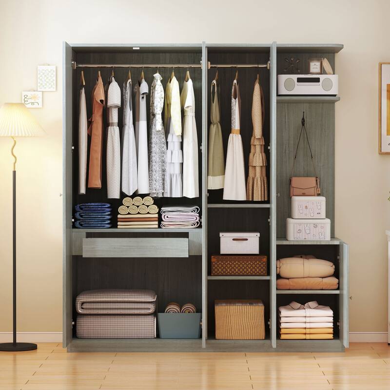 4-Door Wardrobe with Full-Length Mirror - Storage Closet with Hanging Rods, Shelves & Drawers for Bedroom Organization - Grey
