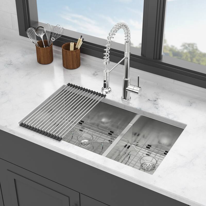 Undermount Double Bowl(60/40) Kitchen Sink - 16 Gauge with Two 10" Deep Basin - Brushed Nickel