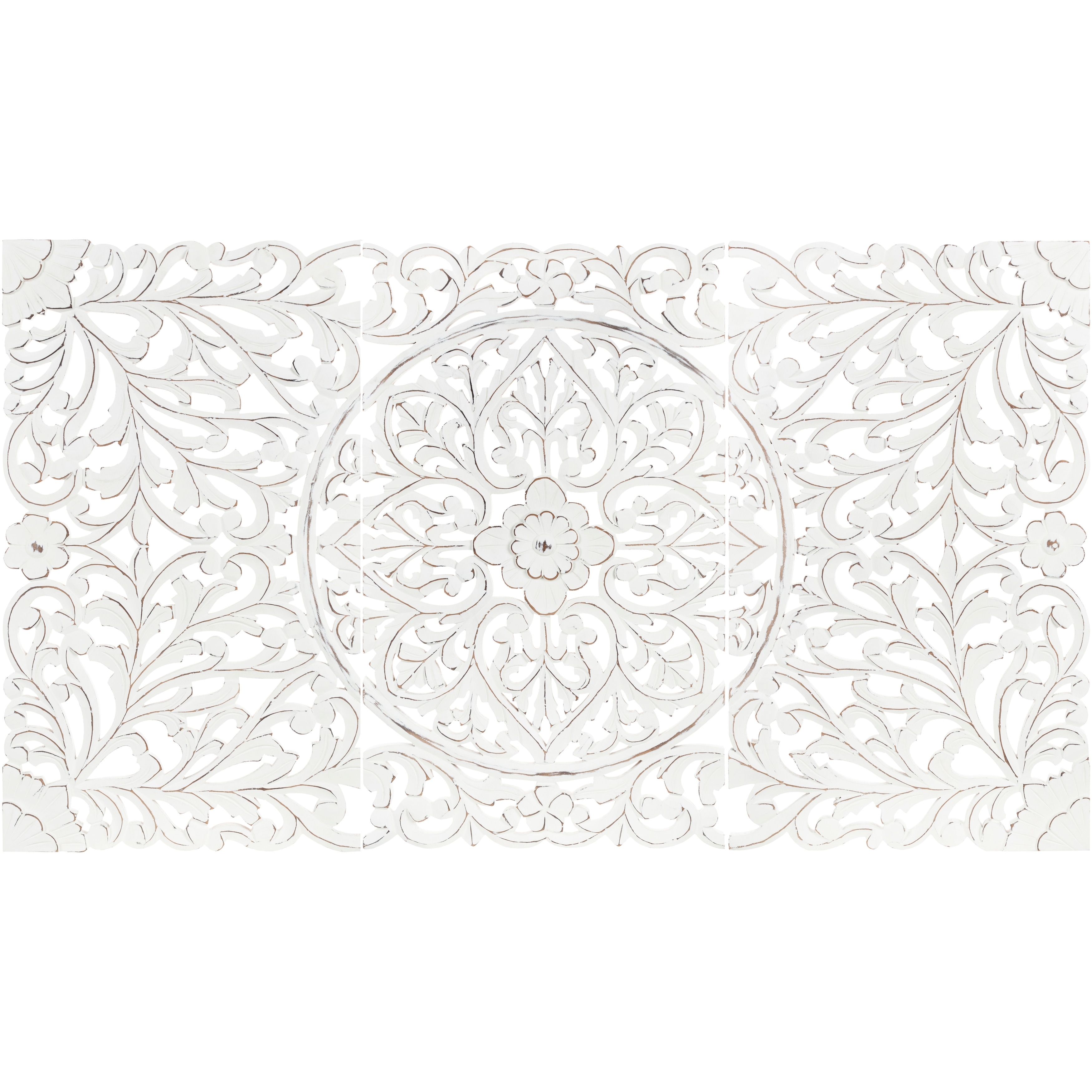 Norma Floral Hand Carved White Wooden 48x28-inch 3-Panel Wall Art