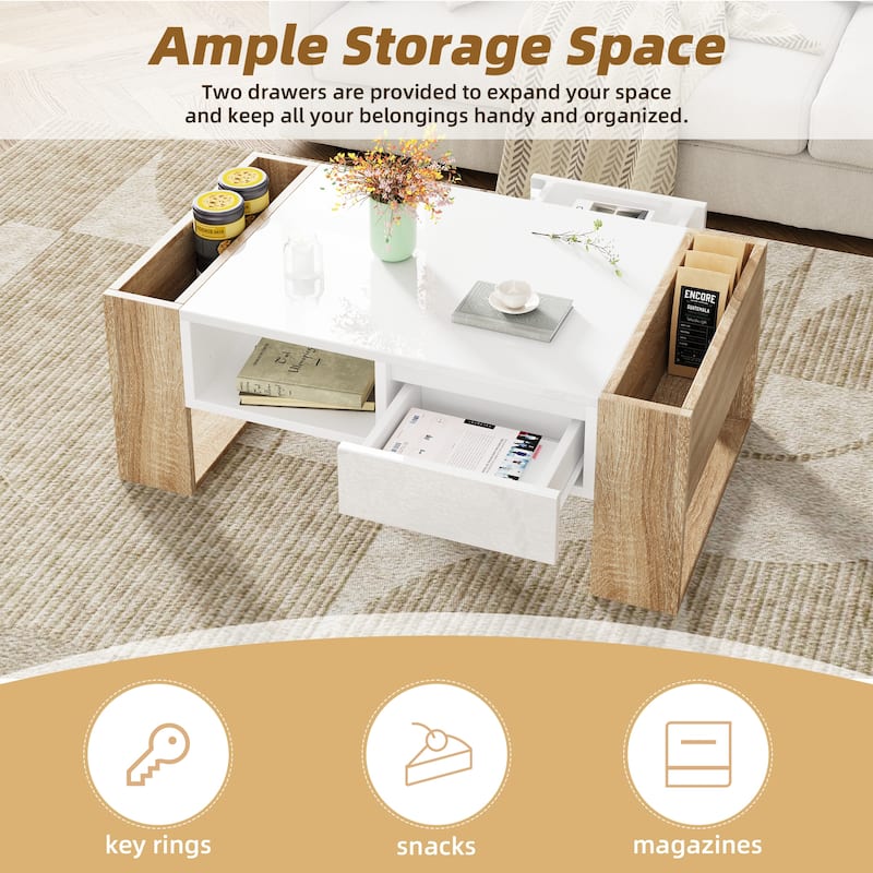 Roomfitters Modern High Gloss Coffee Table with Open Shelf, Practical Rectangle Center Table with Hidden Storage