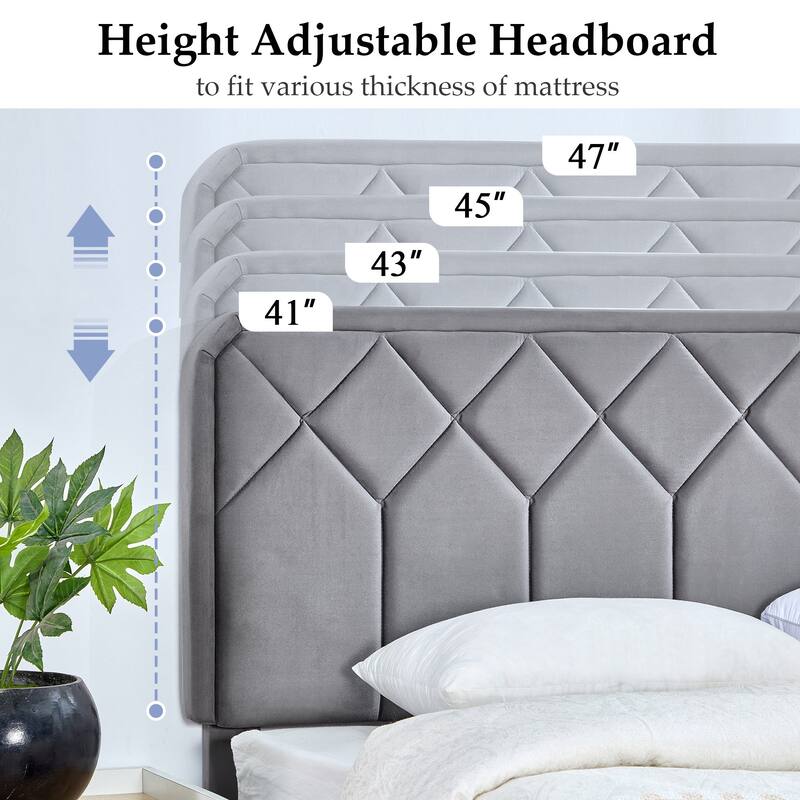 VECELO Adjustable Height Velvet Upholstered Bed Diamond Tufted Headboard with 7.8" Underbed Storage No Box Spring Needed