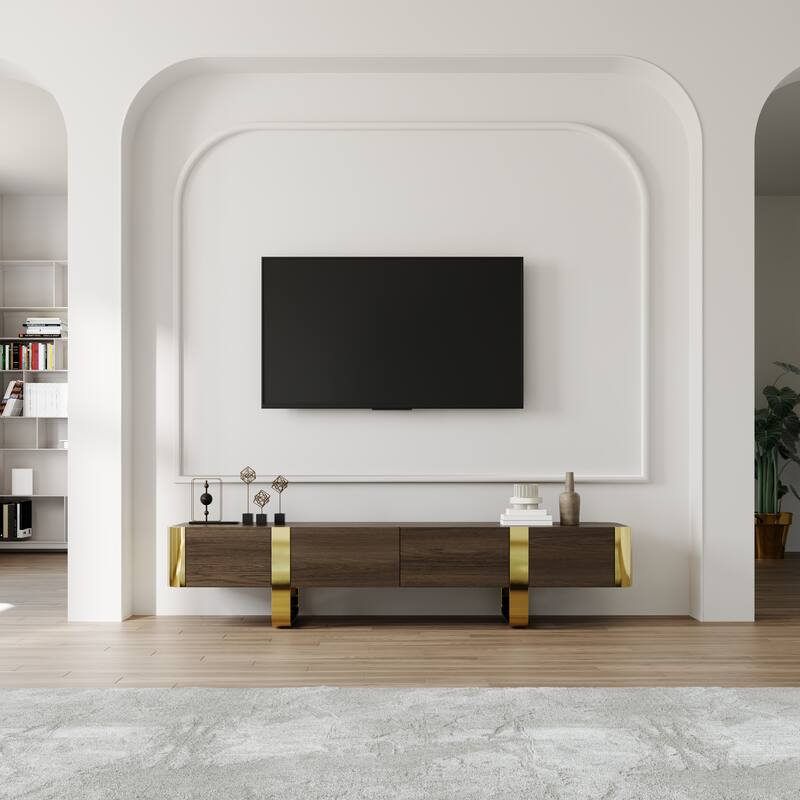 79 inch Wood TV Stand Partial Assembly Entertainment Center Modern Media Console with Drawers and Storage Cabinets - Walnut and Gold