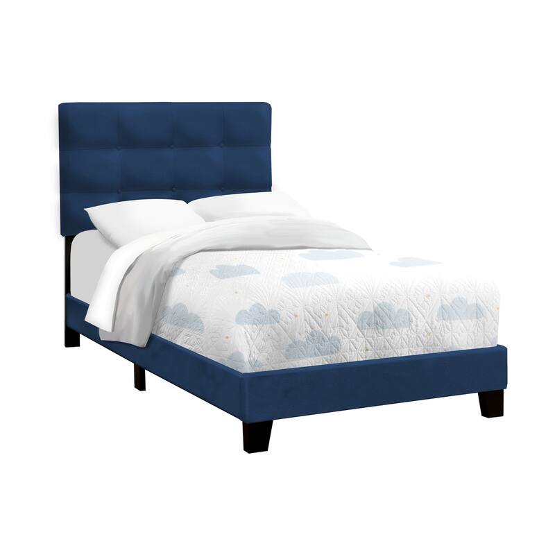 Twin Size Blue Velvet Upholstered Platform Bed Frame for Youth and Teen Bedrooms