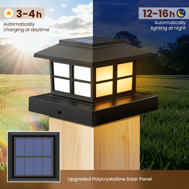 FKHouse Solar Warm White 4x4 5x5 6x6 Fence Deck Post Lights, Waterproof, Black