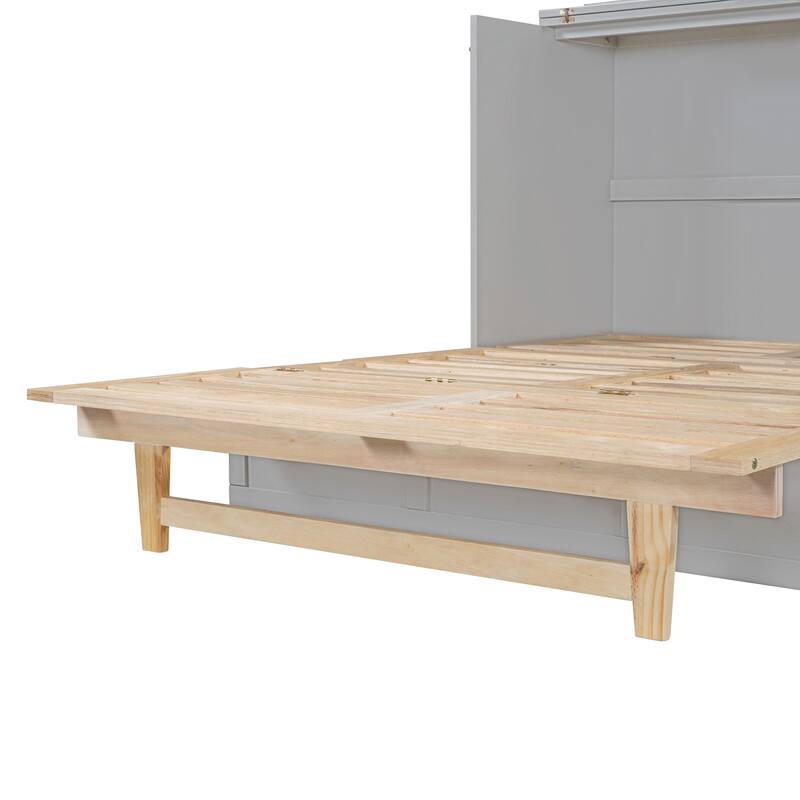 Full Size Murphy Bed Hidden Cabinet Bed with Drawer Underneath and Rattan Patterned, Clever Space Utilization Classic Grey