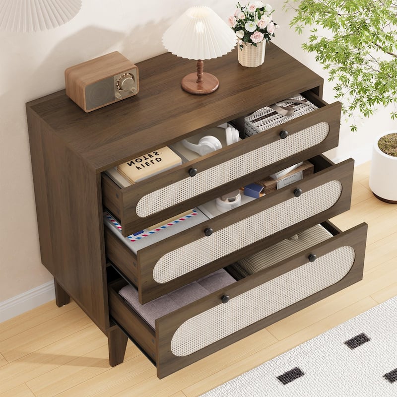3 Drawer Wood Dresser with Rattan Accents, Modern Wood Storage Chest