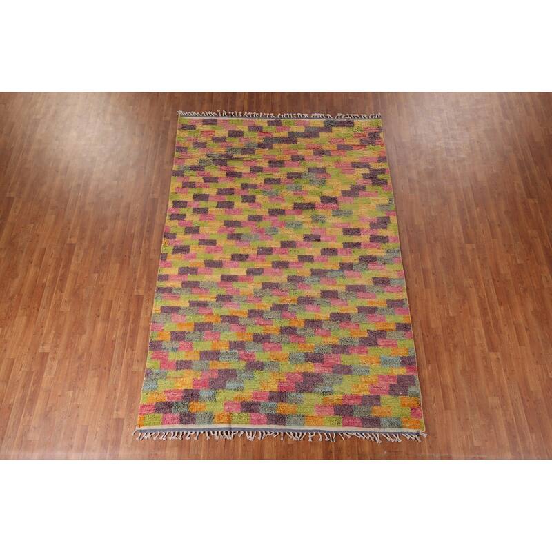Checkered Moroccan Oriental Area Rug Hand-Knotted Wool Carpet - 6'11" x 10'4"
