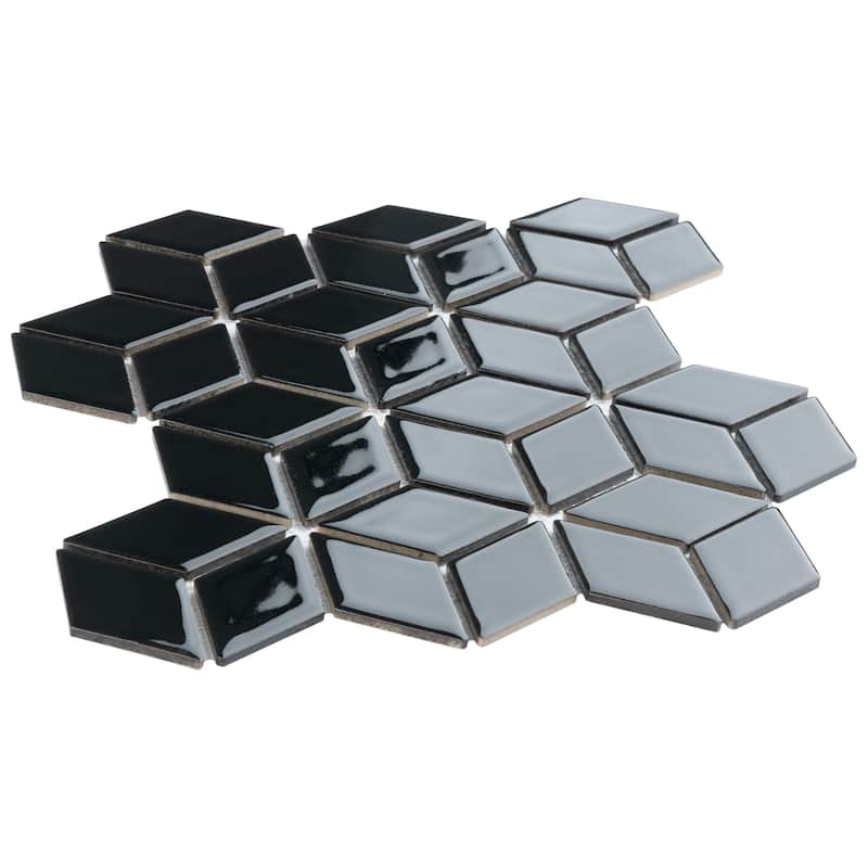 Merola Tile Hudson Rhombus Glossy Black 10-1/4" x 11-3/4" Porcelain Mosaic Floor and Wall Tile