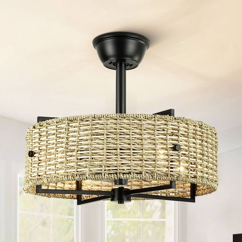 4-Light Traditional Boho Cylinder Drum Woven Rattan and Bamboo Ceiling Fan - 19.3 in. W x 8.3 in. H