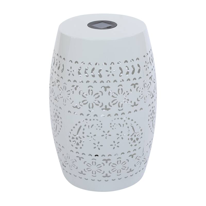 Sola Side Table, Solar Powered Light, 18 Inch Barrel Shaped White Iron