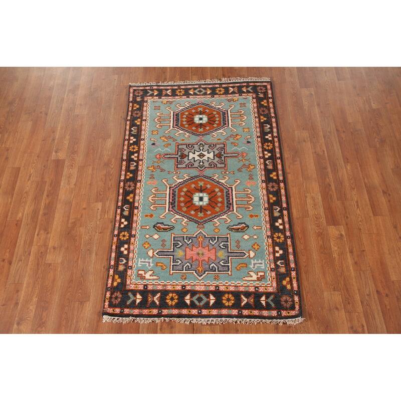 Turquoise / Green Kazak Oriental Foyer Rug Handmade Wool Carpet - 3'1" x 5'0"