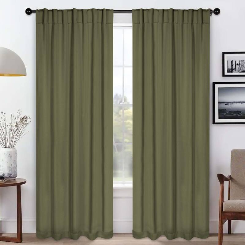 Superior Solid Machine Washable Room Darkening Blackout Curtains with Back Tabs, Set of 2 - 52" x 84" - Olive Green
