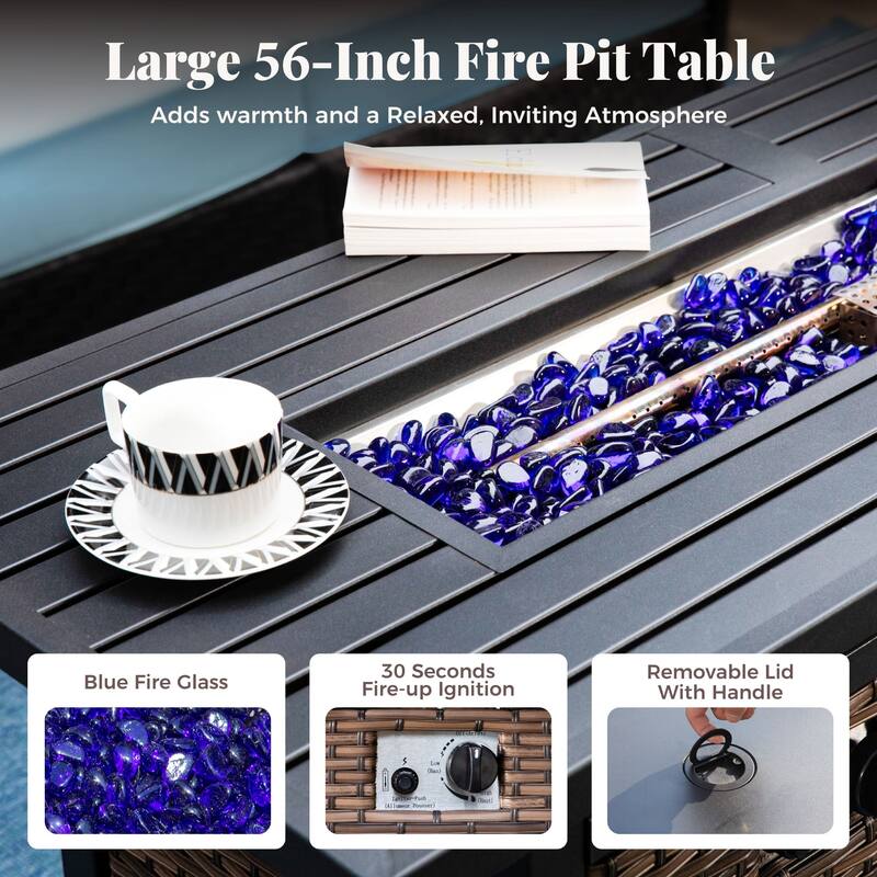 MAISON ARTS Patio Furniture Set with 56" Fire Pit Table, Deep Seating Sofa & Swivel, Rocking, and Fixed Chairs (5 Seats, Beige)