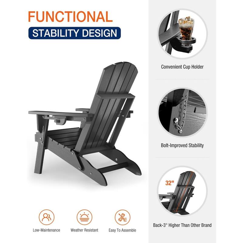 WINSOON All Weather HDPE Outdoor Folding Adirondack Chair With Cup Holder