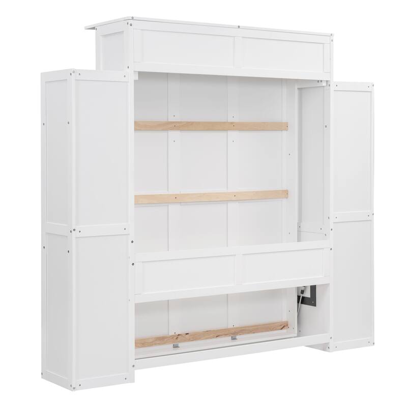 Murphy Bed Frame Foldable Into Wall Cabinet with Bookshelf & LED Light