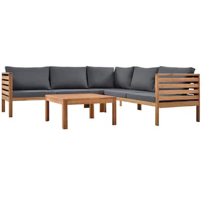 4 Piece Acacia Wood Outdoor Conversation Sofa Set Patio L Shaped Modular Sectional Sofa Set with Wood Coffee Table and Cushions